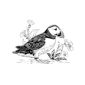 Atlantic puffin bird drawing illustration with flowers vector image wildlife seabird nature art print design