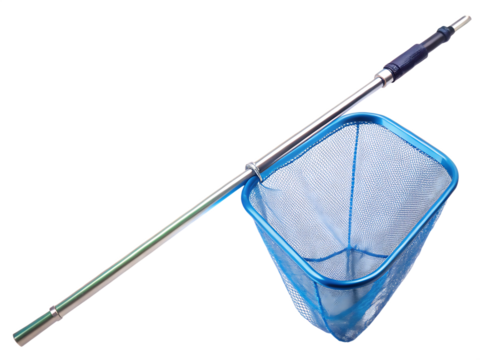 Blue Mesh Fishing Net with Telescopic Handle on Background blue net fishing equipment isolated on a transparent background