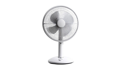 Silver metal electric fan with rotating propeller on a white isolated background