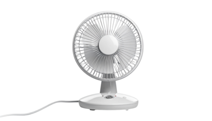 Silver metal electric fan with rotating propeller on a white isolated background