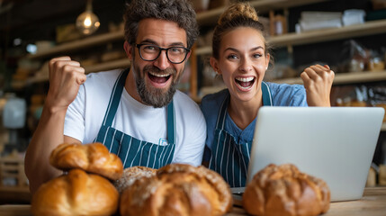 Two young bakers in aprons celebrating over a laptop with a spike in online orders, young entrepreneurs bakery win, small business digital triumph, retail laptop celebration, onlin
