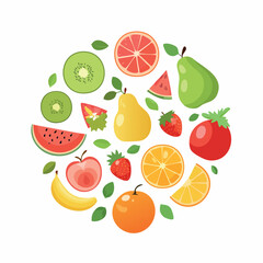 Colorful fruit slices arranged in a circular pattern, showcasing various types of fruits.