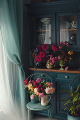 Bouquet of beautiful roses and dahlias