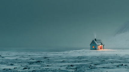 Obraz premium Small Cozy House With Warm Light In Vast Lonely And Minimal Winter Snow Landscape