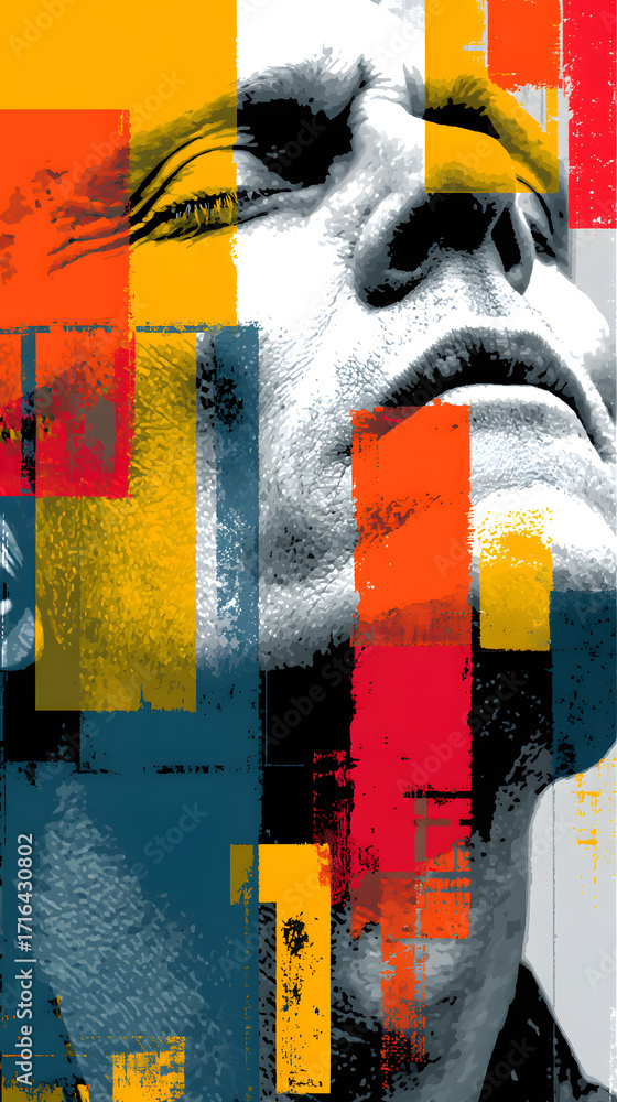 Poster abstract graphic art portrait of face fragmented into colorful geometric block with texture