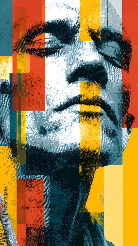 Poster abstract graphic art portrait of face fragmented into colorful geometric block with texture