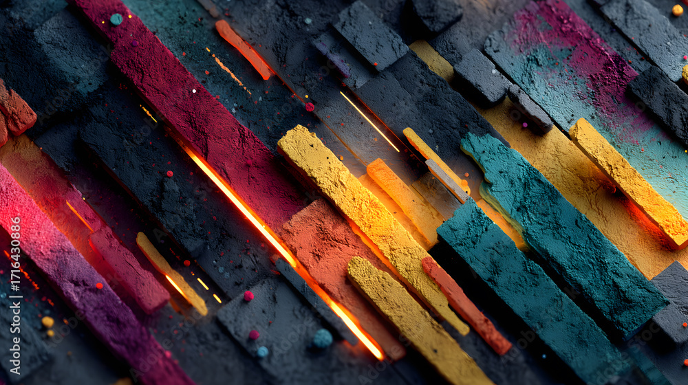 Poster abstract 3d background of colorful concrete block with grunge texture and glowing light