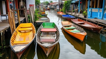 A scenic floating village in Samut Songkhram, wooden boats lined along the canal