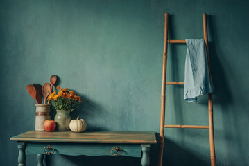 Kitchen table against the background of an old textured wall
