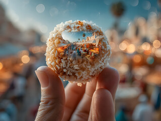 Hand Holding Indian Sweet Ladoo With Miniature Festive Market Scene Inside For Diwali