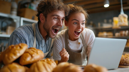 Duo in a vibrant bakery cheering at a laptop after hitting an annual sales goal, young bakery owners triumph, small business e-commerce milestone, retail entrepreneurs joy, digital
