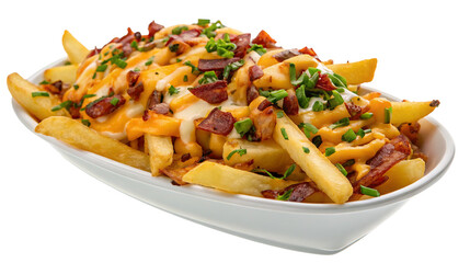 Cheesy bacon loaded fries topped with chopped green onions in a white dish on black background