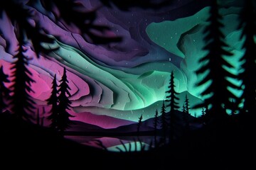 Fototapeta premium Layered paper art depicts a tranquil northern lights display over a dark forest.