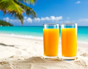 Obraz premium Two glasses of orange juice on a tropical beach