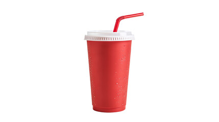 Red beverage cup with lid and straw isolated on black background for drinks and fast food lovers