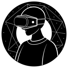 Person wearing V R headset in geometric circle virtual reality