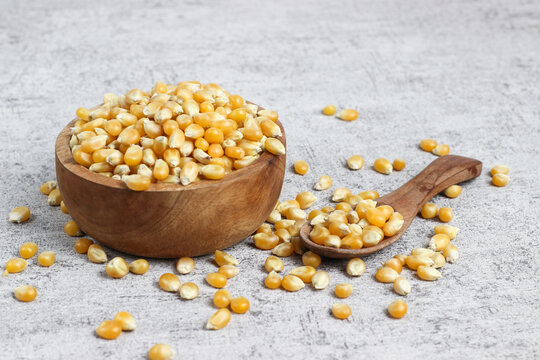 Corn kernels. Raw popcorn in a wooden bowl isolated on a gray background.