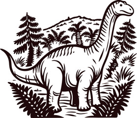 Fototapeta premium Brachiosaurus dinosaur illustration in prehistoric forest landscape with ferns and conifer trees in vintage engraved