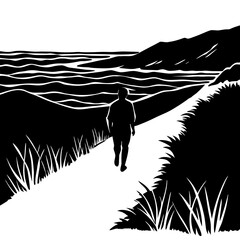 Silhouette of person walking on path by wavy water and hills