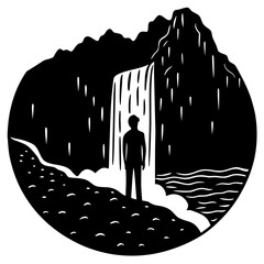 Silhouette of person standing before a waterfall in a circular frame