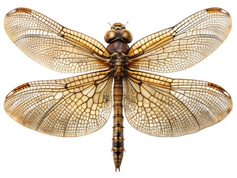 Close-up of a Brown Dragonfly with Intricate Wing Patterns on insect insecta isolated on a transparent background