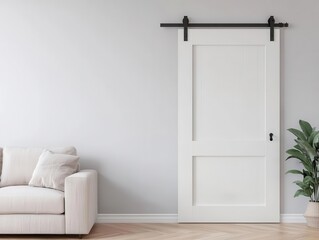 Modern farmhouse living room featuring sliding barn doors, natural wood floors, and soft beige furniture, open and airy