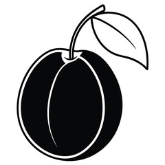 Flat style vector illustration of a ripe plum fruit with green leaves and stem perfect for healthy food designs