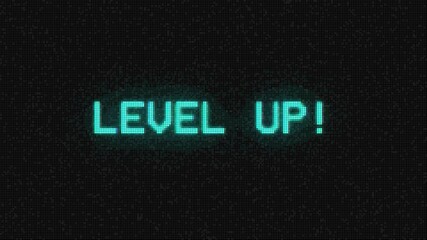 LEVEL UP! text pixel art 8 bit game from vintage arcade computer on black background. Glitch effect. 4k video animated. - Powered by Adobe