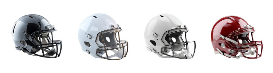 Fototapeta premium Four American Football Helmets in Black, White, and Maroon on Black Background with Transparent Background PNG Set