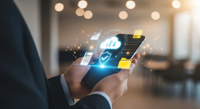 Seamless cloud data management on smartphone modern business technology interface