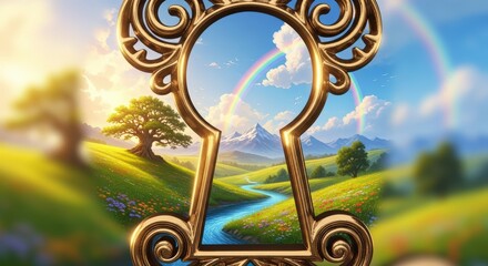 Golden Keyhole Revealing Idyllic Fantasy Landscape.