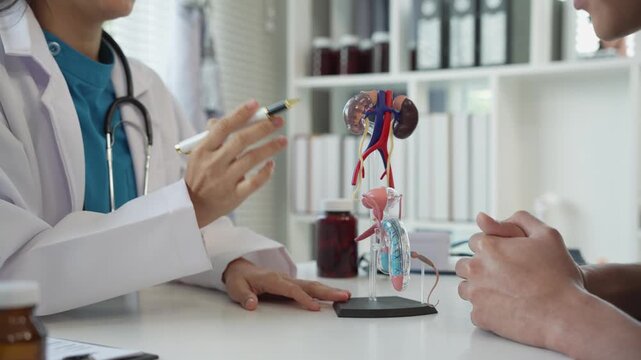 A man suffering from a urinary tract infection visits a doctor at the examination table in a hospital. Symptoms. Talk about enlarged prostate. Male reproductive system. Asian doctor.