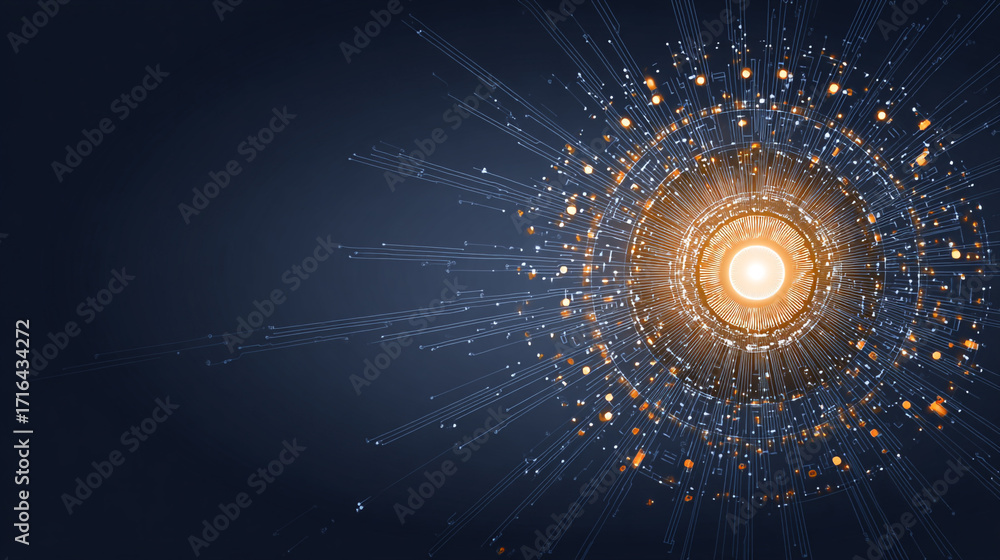 Poster abstract digital network glowing lines and nodes radiating outwards from central light source