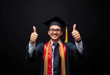 Happy graduate, double thumbs-up, celebratory pose, black background,  degree,  confident
