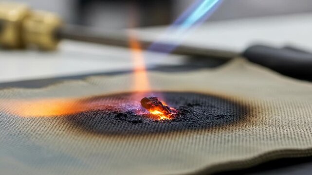 Flame from a torch being applied to fabric, close up detail.