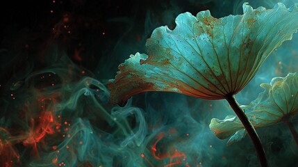 Dreamy Botanical Art: Teal Lotus Leaves with Textured Veins and Swirling Crimson Mist for Meditation Space Decor and Digital Backgrounds