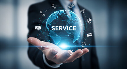 Businessman holding a glowing holographic globe with the word service in the center