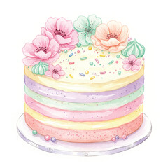 Watercolor illustration of a birthday cake with soft pastel colors and delicate details presented on a pristine plain white background, perfect for celebrations.
