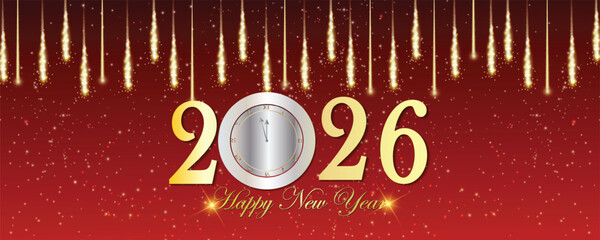 Happy New Year 2026 poster with clock, golden text effect, fireworks, dim light effect, 2026 New year promotion or invitation template, decorative flyer for new year celebration, illustration vector
