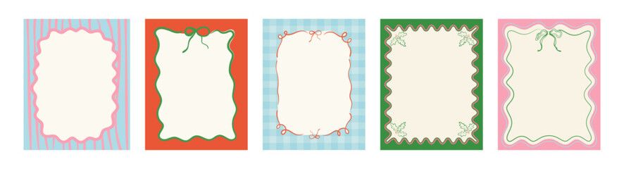 Set of doodle hand drawn  Xmas frames with  ribbon and bows, lights garlands. Hand drawn la dolce vita Christmas doodles.Minimalist line art. Trendy borders for holiday poster, christmas invitation, g