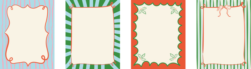 Set of doodle hand drawn  Xmas frames with  ribbon and bows, lights garlands. Hand drawn la dolce vita Christmas doodles.Minimalist line art. Trendy borders for holiday poster, christmas invitation, g