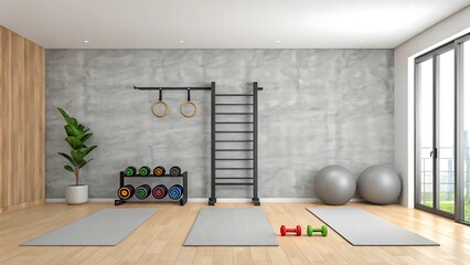Home gym interior with exercise equipment, wooden floor and concrete wall background