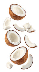 Fresh coconut halves and slices isolated on white background perfect for tropical food concepts