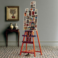 Stand - An orange easel supporting a white canvas frame -# Create