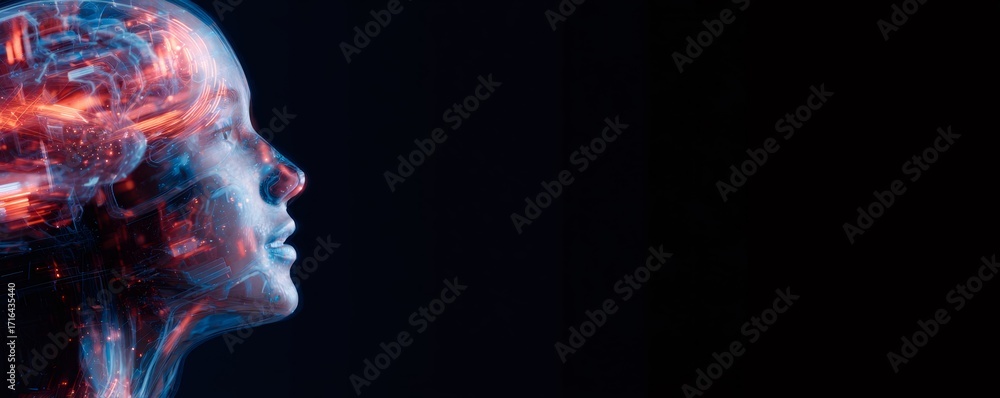 Poster woman's head with glowing neural network inside. artificial intelligence concept, brain activity sim
