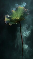 Backlit Translucent Lotus Leaf with Intricate Veins and Ethereal Mist, Green Tones Zen Nature Background for Decorative Design