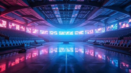 Vast futuristic stadium illuminated by vibrant neon lights and glowing digital screens, creating an electrifying atmosphere. - Powered by Adobe