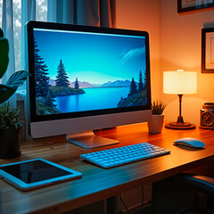 A modern workspace with a computer with nature wallpaper on the screen and a lamp