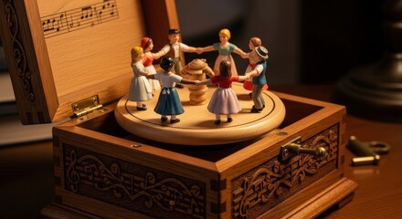 Vintage Wooden Music Box with Dancing Figurines.
