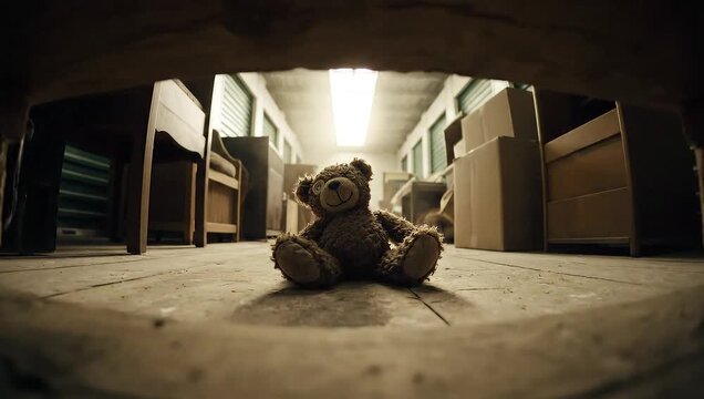 a lone forgotten teddy bear in dark storage
